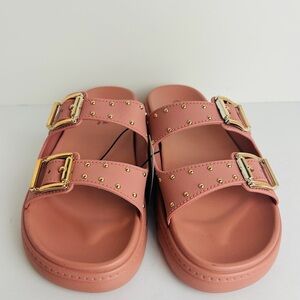 NWT Niki Slip On Sandals Women's 7 Pink Wide Strap Gold Buckle Studded Sandals